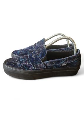Vans Velvet 53 Skate Shoes Womens 9.5 Men 8 Blue Slip On Loafers Paisley Retro